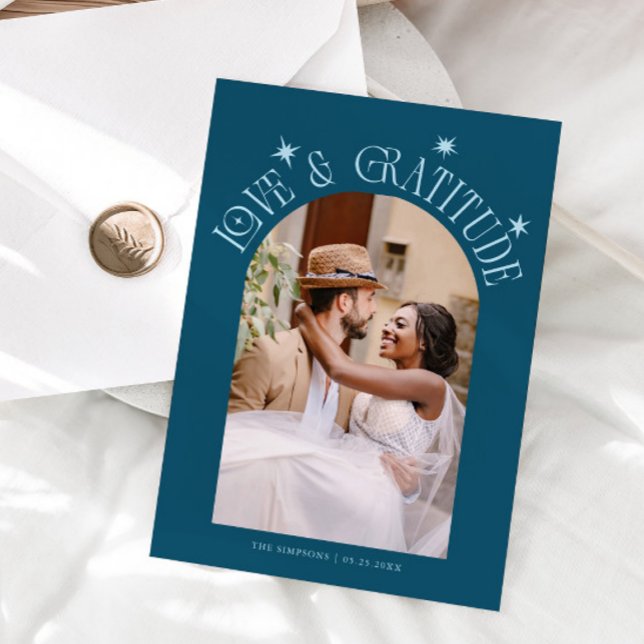 Love & Gratitude Minimalist Wedding Photo Teal Thank You Card (Creator Uploaded)