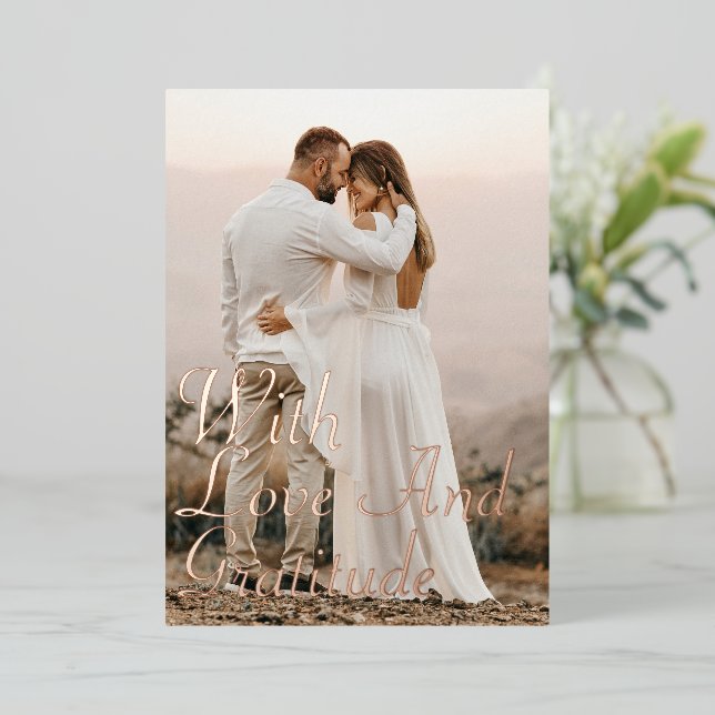 Love & Gratitude Rose Gold Wedding Thank You Card (Standing Front)