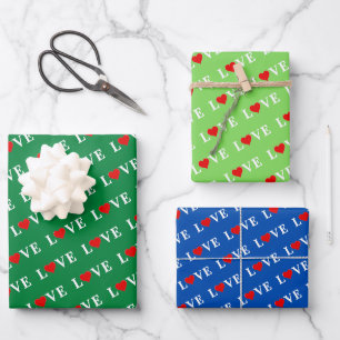 LOVE Green Lime Green Navy Blue Wrapping Paper Sheet