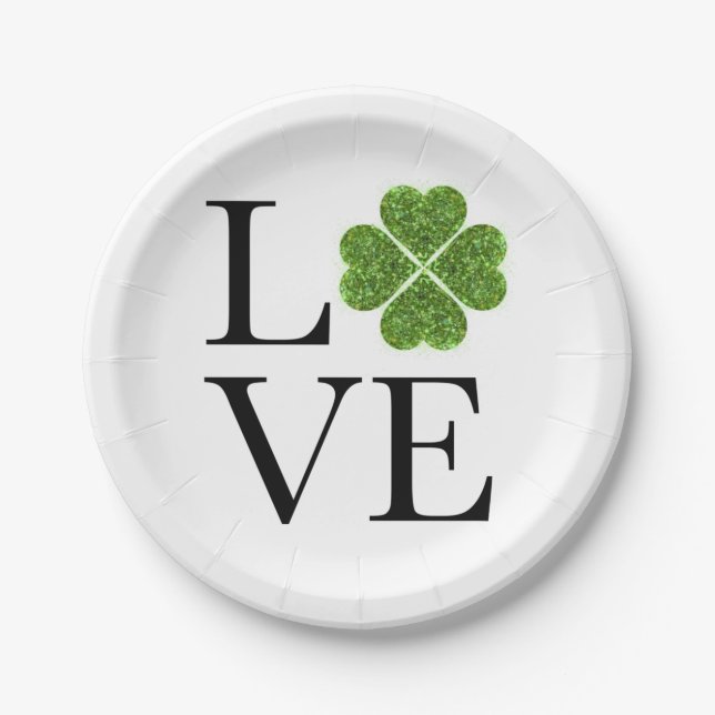 LOVE green sparking clover shamrock st patrick day Paper Plate (Front)