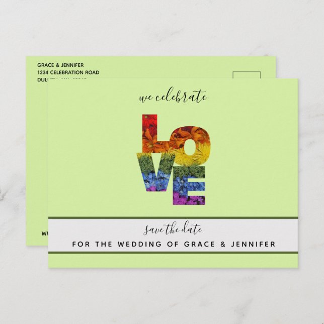 LOVE Green Themed Same-Sex Wedding Save the Date  Postcard (Front/Back)