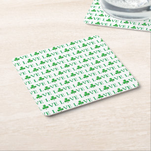 Love Green white Clover Shamrock Pattern modern Square Paper Coaster