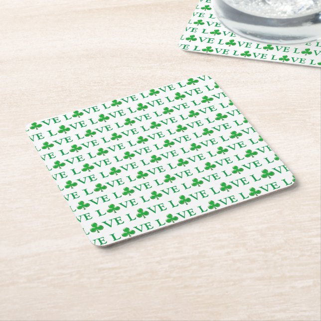 Love Green white Clover Shamrock Pattern modern Square Paper Coaster (Angled)
