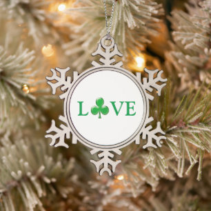 Love green white Irish Clover Shamrock cute Snowflake Pewter Christmas Ornament