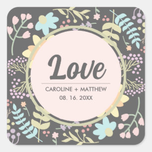 Love. Grey Blush Pink Modern Floral Wedding Square Sticker