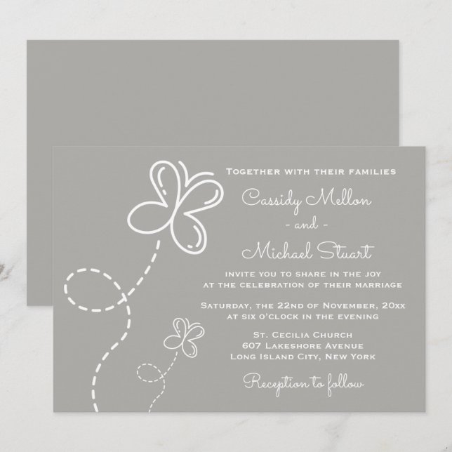 Love Grey & White Wedding  Hearts and Butterflies Invitation (Front/Back)