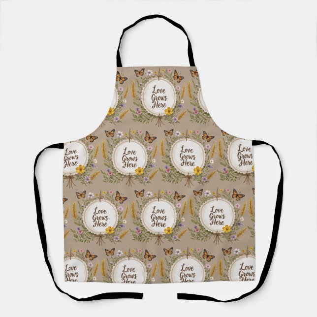 Love grows boho, wildflowers, wheat, butterflies apron (Front)