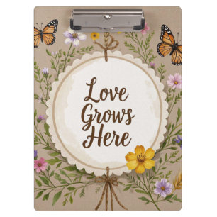 Love grows boho, wildflowers, wheat, butterflies clipboard