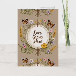 Love grows boho, wildflowers, wheat, butterflies foil greeting card