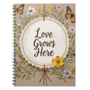 Love grows boho, wildflowers, wheat, butterflies notebook