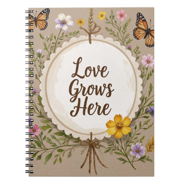 Love grows boho, wildflowers, wheat, butterflies notebook (Front)