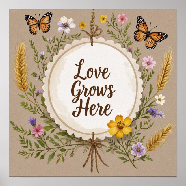 Love grows boho, wildflowers, wheat, butterflies poster (Front)
