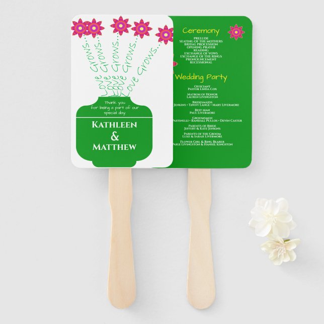 "Love Grows" Bright Floral Wedding Program  Hand Fan (Front and Back)
