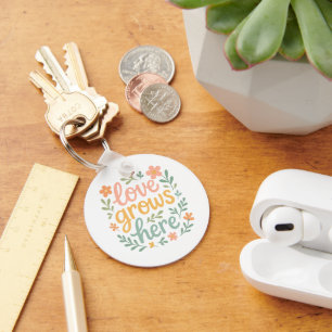 Love Grows Here Cottagecore Typography Art Key Ring