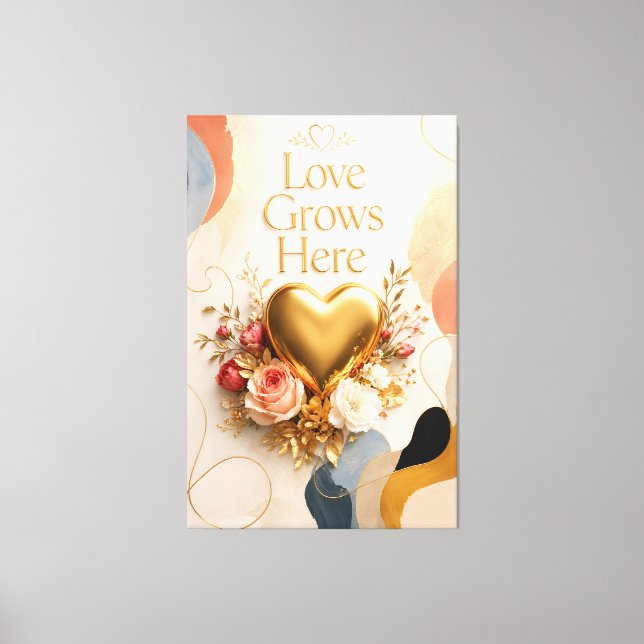 Love Grows Here Gold Heart Floral Canvas Wall Art (Front)