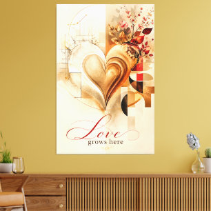 Love Grows Here – Luxury Gold Heart Abstract Flora Canvas Print