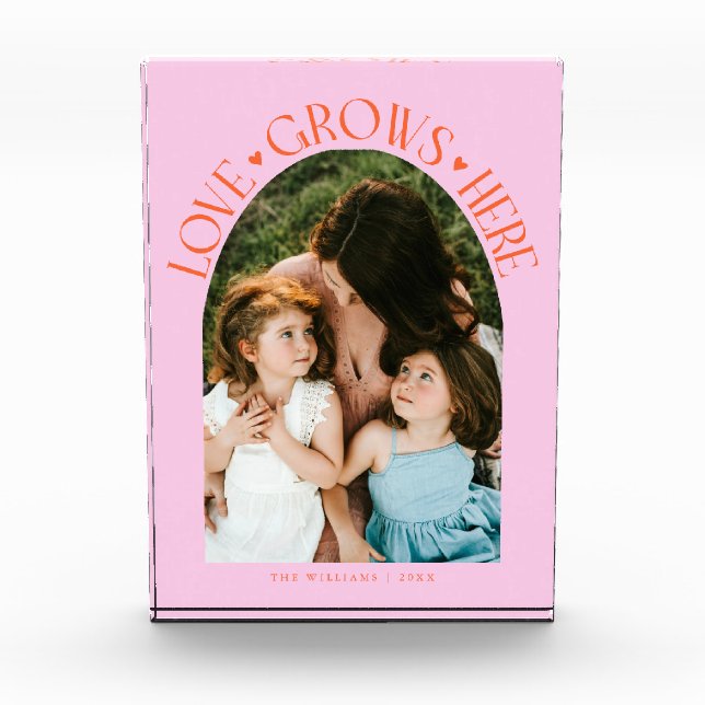 Love Grows Here Modern Arch Orange Pink Photo Block (Front)