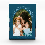 Love Grows Here Modern Arch Teal Photo Block<br><div class="desc">Modern and minimal family memory photo block featuring a photo in a arch frame with a text that says "Love Grows Here" with tiny hearts. Teal.</div>
