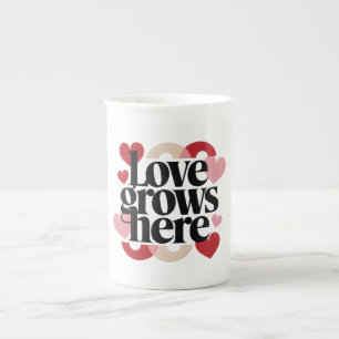 Love Grows Here – Modern Heart Typography Bone China Mug