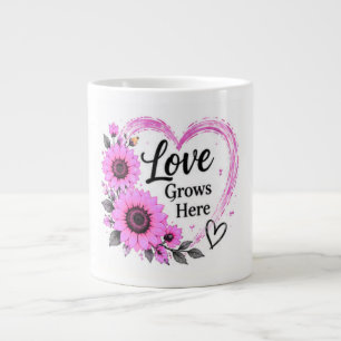 Love Grows Here Pink Sunflower Floral Heart Large Coffee Mug