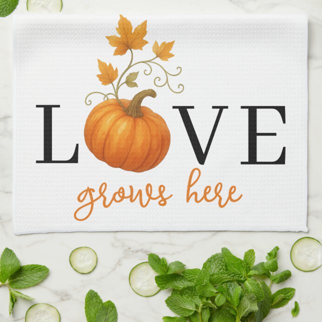 LOVE Grows Here | Pumpkin Lettering Autumn  Tea Towel (Folded)