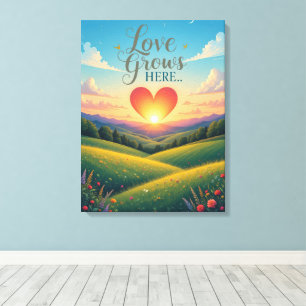 Love Grows Here Romantic Heart Art Canvas Print