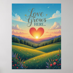 Love Grows Here Romantic Heart Art Poster