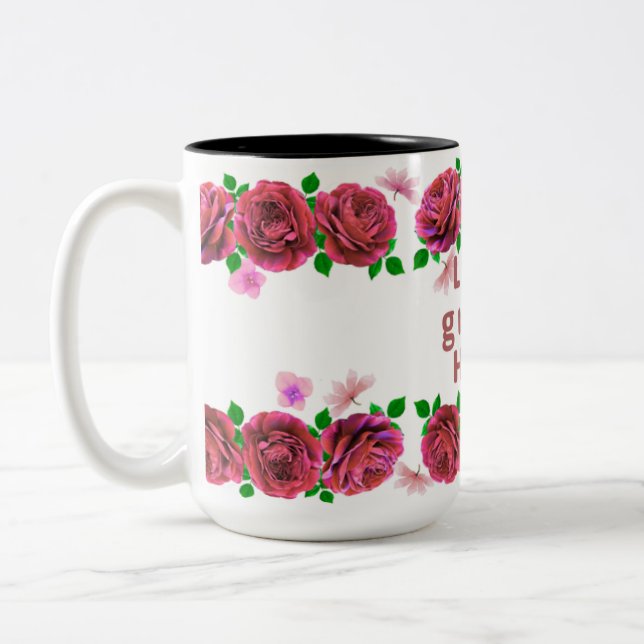 Love Grows Here theme mug for coffee or tea (Left)