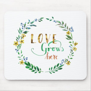 Love grows here Watercolor Floral Wreath Mouse Mat