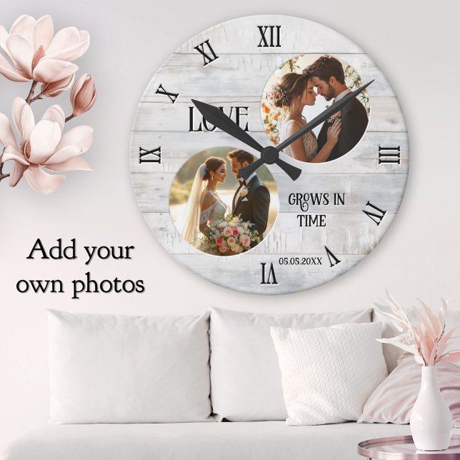 Love Grows in Time Rustic White Wood Wedding Photo Round Clock (Personalized wedding photo rustic white wood clock with a love grows in time theme)