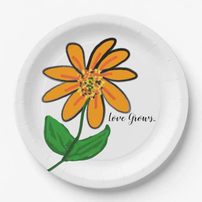 Love Grows Orange Yellow Floral Paper Plate (Front)