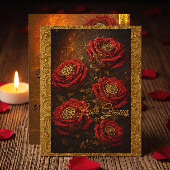 Love Grows Romantic Red Rose Gold Gears Holiday Card (Creator Uploaded)