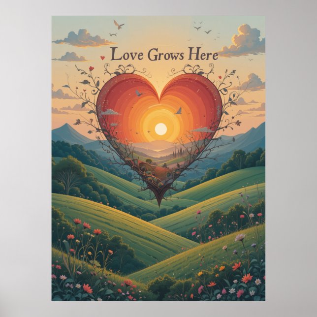 Love Grows Sunset Heart Landscape Art Poster (Front)
