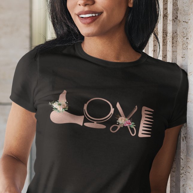 LOVE Hair Stylist Hairdresser Rose Gold Scissors T-Shirt (Creator Uploaded)