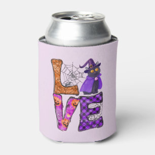 LOVE Halloween Design with Black Witch Cat Can Cooler