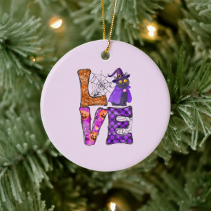 LOVE Halloween Design with Black Witch Cat Ceramic Tree Decoration