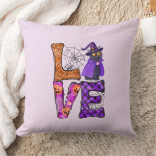 LOVE Halloween Design with Black Witch Cat Cushion