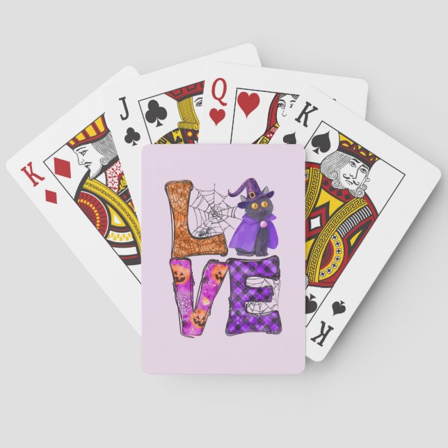 LOVE Halloween Design with Black Witch Cat Playing Cards (Back)