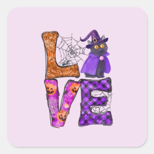 LOVE Halloween Design with Black Witch Cat Square Sticker