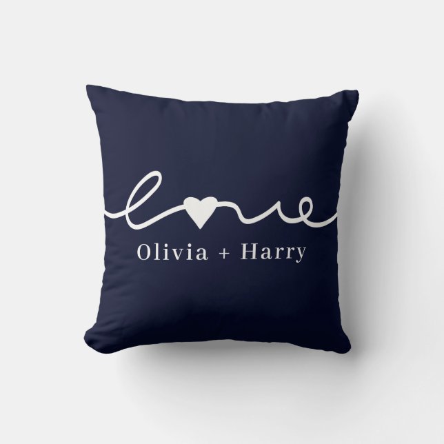 Love Hand Drawn Modern Minimalist Navy Blue White Cushion (Front)