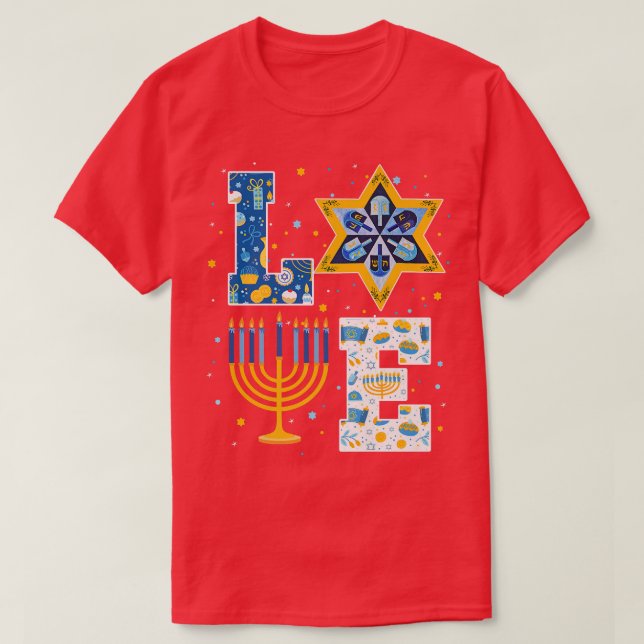 LOVE Hanukkah Decorations Dreidel Menorah Pyjamas  T-Shirt (Design Front)