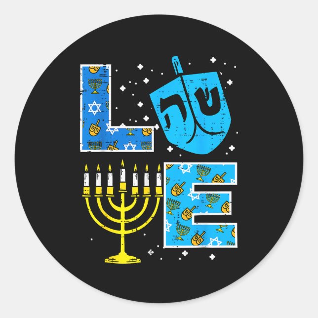 Love Hanukkah Dreidel Menorah Jewish Chanukah Men  Classic Round Sticker (Front)