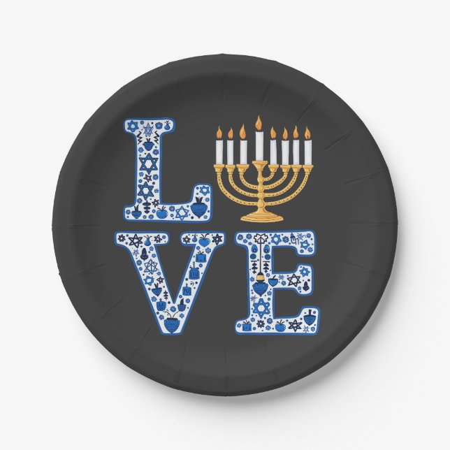 Love Hanukkah Jewish Holiday Menorah  Paper Plate (Front)