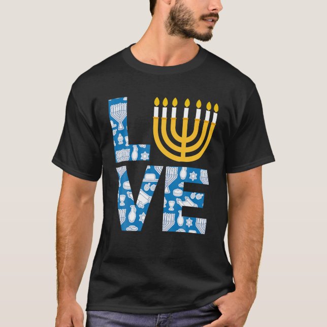 Love Hanukkah Menorah Jewish Pajama Funny For Men T-Shirt (Front)