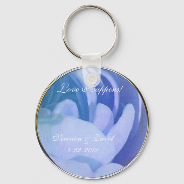 Love Happens Blue Rose Wedding Favour Keychain (Front)