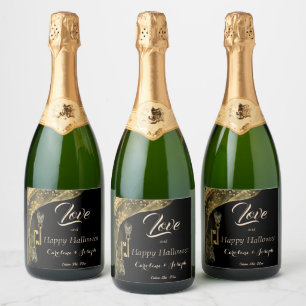 Love & Happy Halloween Elegant Gold & Skulls Sparkling Wine Label