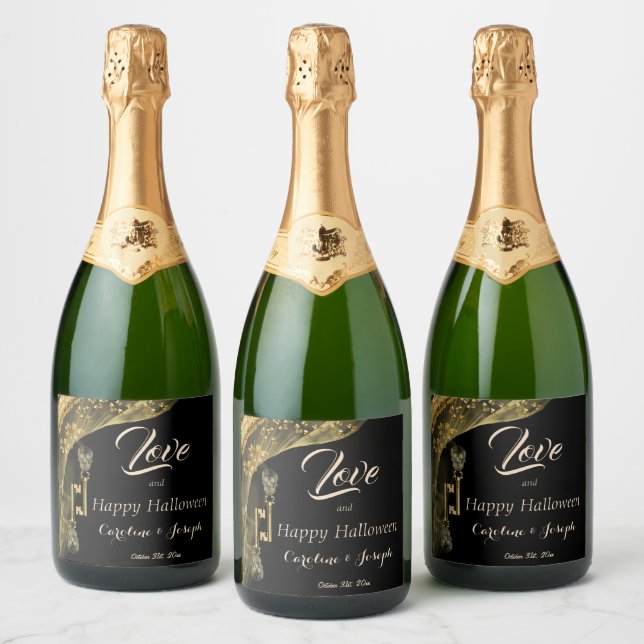 Love & Happy Halloween Elegant Gold & Skulls Sparkling Wine Label (Bottles)