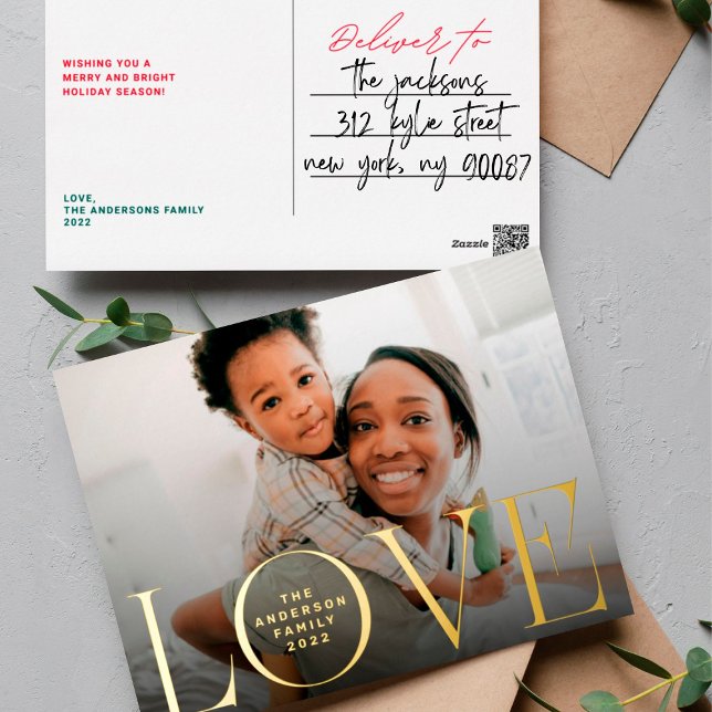 LOVE happy holidays Modern photo merry christmas Foil Holiday Postcard (Creator Uploaded)
