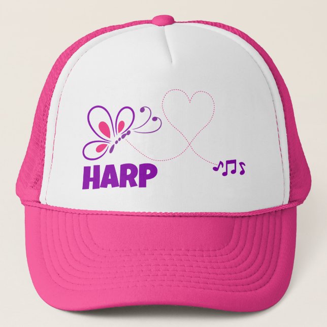 Love Harp Pink Purple Butterfly Heart Trucker Hat (Front)