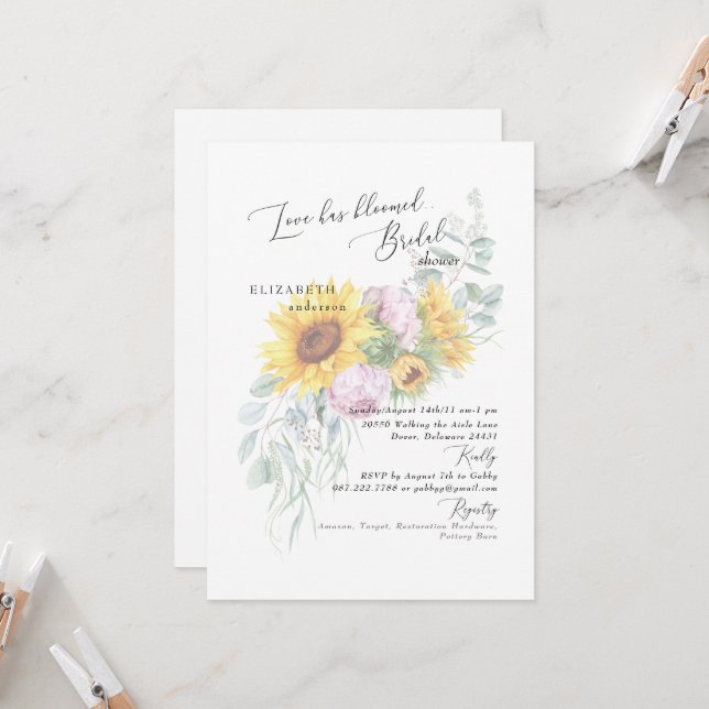 Love has Bloomed Sunflower Peony Bridal Shower Inv Invitation (Front/Back In Situ)